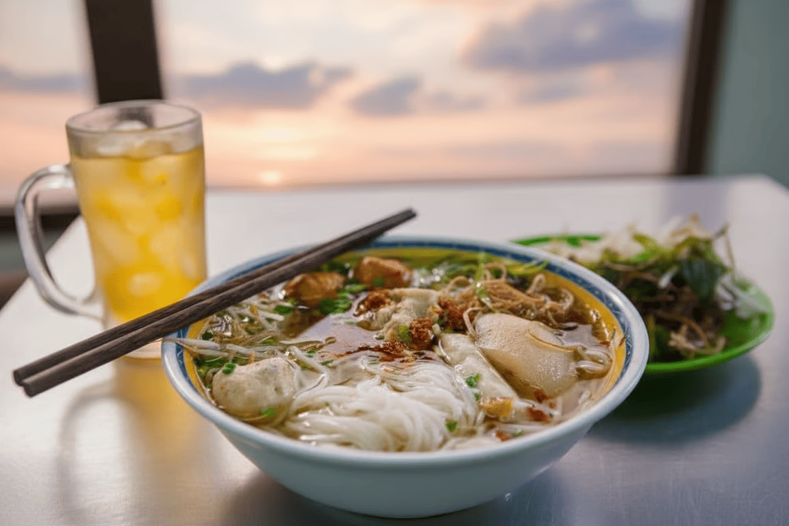 T&ocirc; b&uacute;n mọc Kim Sơn với nước d&ugrave;ng trong veo, ăn k&egrave;m với c&aacute;c loại rau gia vị theo m&ugrave;a, tạo n&ecirc;n hương vị đậm đ&agrave;, thơm ngon